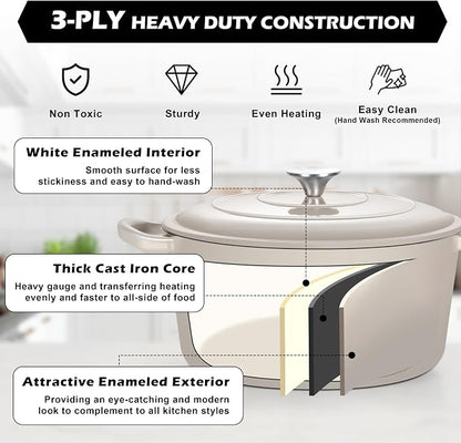 TeamFar 5Qt Dutch Oven, Enameled Cast Iron Dutch Oven with Lid & Dual Handles for Cooking Baking Braising Simmering, Healthy & Sturdy, Oven & Various Stovetops Safe, Non-stick & Easy Clean - Khaki