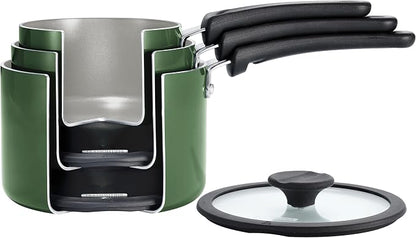 Tramontina Ceramic Non Stick 6-Piece Nesting Sauce Pan Set with Lids - Stackable Nonstick Cookware Set, Dishwasher and Oven Safe, Green