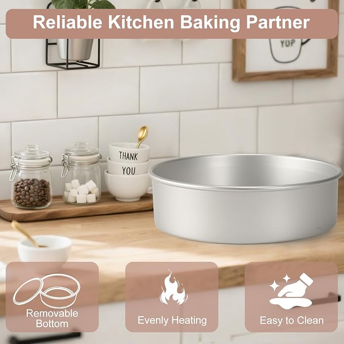Round Cake Pan with Removable Bottom, Set of 3 (6 x 3 inch/8 x 3 inch/10 x 3 inch), Aluminum Baking Pans for Layer Cakes, Non-Stick, Evenly Heating Tools for Home Kitchen, Straight Side
