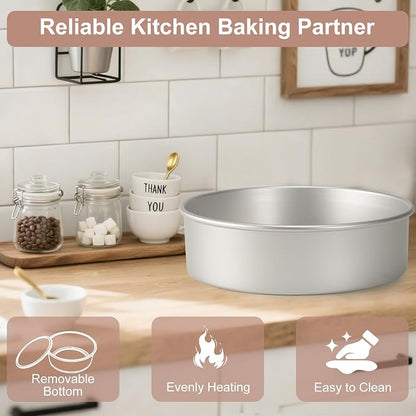 Round Cake Pan with Removable Bottom, Set of 3 (6 x 3 inch/8 x 3 inch/10 x 3 inch), Aluminum Baking Pans for Layer Cakes, Non-Stick, Evenly Heating Tools for Home Kitchen, Straight Side