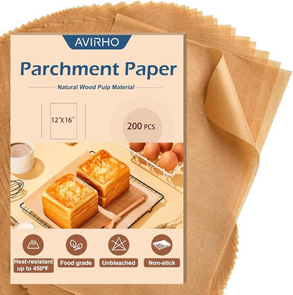 Parchment Paper Sheets 12x16 Inch – 200Pcs Precut Unbleached Half Sheet Baking Paper, Plant-Based Silicone Coating, Non-Stick Liner for Oven, Cookies, Bread, Roasting & Large Batch Baking