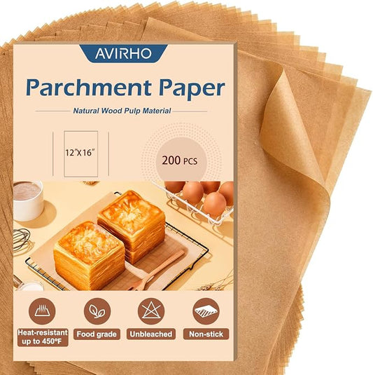 Parchment Paper Sheets 12x16 Inch – 200Pcs Precut Unbleached Half Sheet Baking Paper, Plant-Based Silicone Coating, Non-Stick Liner for Oven, Cookies, Bread, Roasting & Large Batch Baking