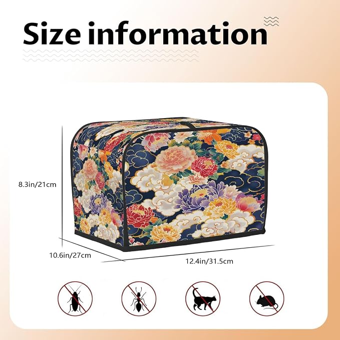 Flower Japanese Art Toaster Cover 4 Slice Wide Slot Washable Kitchen Appliance Covers Fingerprint Bread Machine Dust Cover Small Toaster Oven Accessories Covers Bread Maker Bag Women Gift