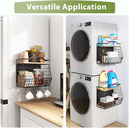 Wawocs Magnetic Shelf for Fridge with Wood Lid, 2 Tier Fruit Baskets Wall Mounted Hanging Basket with 4 Hanger Hooks, Potato and Onion Magnetic Storage Bins for Kitchen Counter, Refrigerator, Cabinet