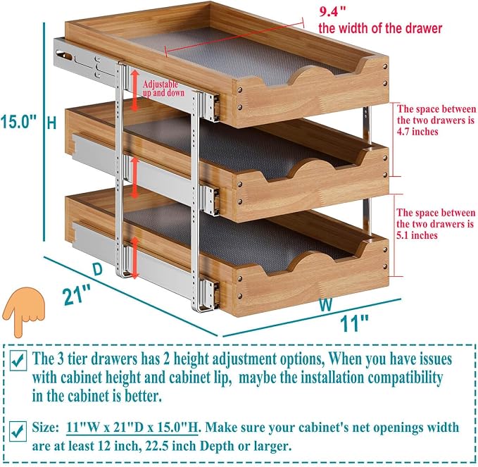 OCG Pull Out Cabinet Drawer 11" W x 21" D, 3 Tier Pull Out Cabinet Organizer, Heavy-Duty Slide Out Drawer for Cabinets, Base Cabinet Organization for Kitchen, Pantry, Bathroom