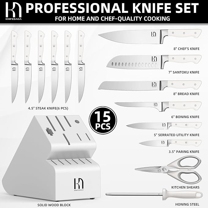 KnifeSaga Kitchen Knife Block Set, 15-Piece Enduring Ultra Sharp Knife Set, Japanese High Carbon Stainless Steel, Premium Forged Knives for Kitchen and Professional Chefs, White