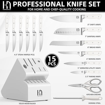 KnifeSaga Kitchen Knife Block Set, 15-Piece Enduring Ultra Sharp Knife Set, Japanese High Carbon Stainless Steel, Premium Forged Knives for Kitchen and Professional Chefs, White