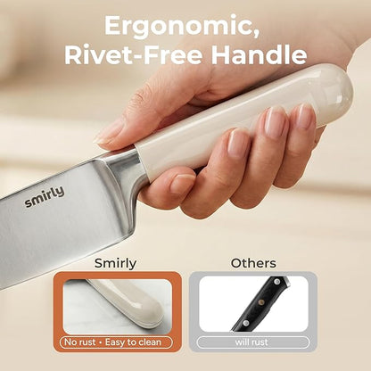 SMIRLY 14-Piece Kitchen Knife Set with Magnetic Block, High Carbon Stainless Steel Chef Knives, Ultra Sharp, Dishwasher Safe, Cream White