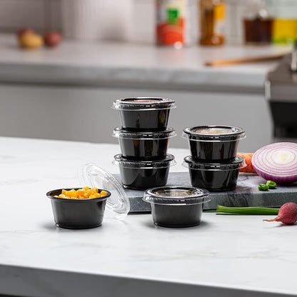 2 oz - 100 Sets Black Diposable Plastic Portion Cups With Lids, Small Mini Containers For Portion Controll, Jello Shots, Meal Prep, Sauce Cups, Slime, Condiments, Medicine, Dressings, Crafts