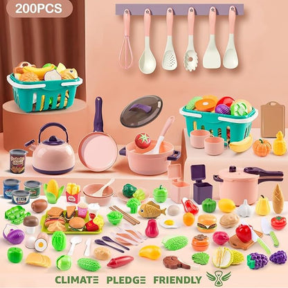 200Pcs Mini Play Kitchen Accessories for Kids, Pretend Cooking Playset with Cookware, Tableware & 2 Fruit Sets, Learning Gift for Girls, Boys, Toddlers, Pink