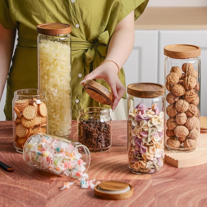 Glass Storage Jars with Wooden Lid Set of 3, 44 OZ High Borosilicate Glass Containers Kitchen Food Canisters s for Coffee Beans/Sugar/Noodles/Nuts/Cookies/Pasta