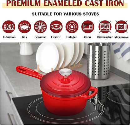 E-far Enameled Cast Iron Sauce Pan with Lid, 1 Quart Dutch Oven Saucepan, Mini Sauce Pot for Cooking, Boiling, Healthy & Non Toxic, Induction & Oven Safe, Red
