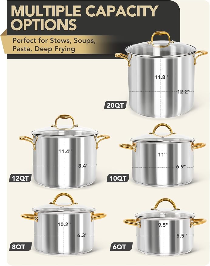 MICHELANGELO Stainless Steel Stock Pot with Lid - 12 Quart Soup Pot with Ergonomic Handle, Large Cooking Pots for StewSoup, Suitable for All Stoves