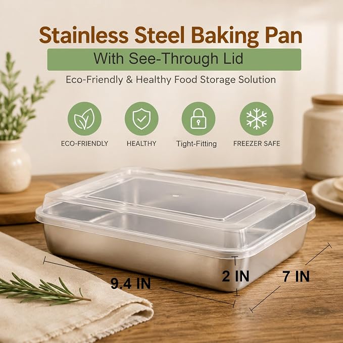 E-far Small Baking Pan with Lid, 9.4”x 7” x 2” Stainless Steel Rectangle Sheet Cake Pans for Toaster Oven, Metal Covered Bakeware for Cakes Brownies Casseroles, Non-toxic & Dishwasher Safe - Set of 2