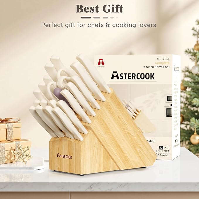 Knife Set, Astercook 22-Piece Kitchen Knife Set with Built-in Sharpener Block, High Carbon Stainless Steel Knives, Dishwasher Safe, Non-Slip Handle, Elegant Cream White Design, Perfect Holiday Gifts