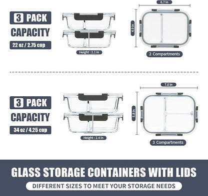 GULFLIN 2 & 3 Compartment Meal Prep Containers - Glass Food Storage Lunch Containers with Lids, Bento Box, Portion Control, Freezer to Microwave Safe