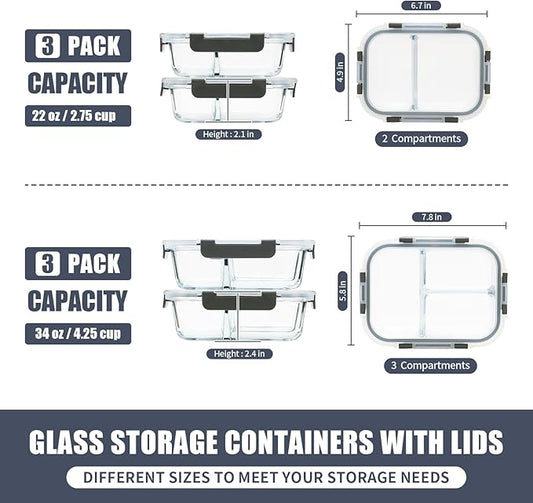 GULFLIN 2 & 3 Compartment Meal Prep Containers - Glass Food Storage Lunch Containers with Lids, Bento Box, Portion Control, Freezer to Microwave Safe