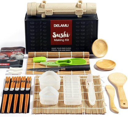 Delamu Sushi Making Kit, 22 in 1 Sushi Kit for Beginners/Pros Sushi Makers, with Bamboo Sushi Mats, Sushi Rolling Tube, Onigiri Mold, Rice Paddle, Sushi Knife, Guide Book & More