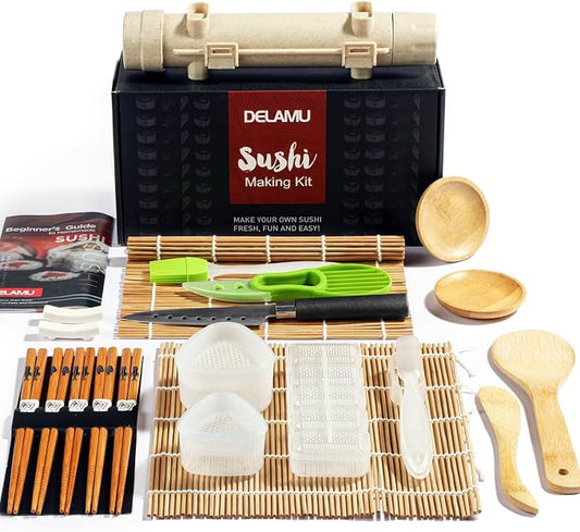 Delamu Sushi Making Kit, 22 in 1 Sushi Kit for Beginners/Pros Sushi Makers, with Bamboo Sushi Mats, Sushi Rolling Tube, Onigiri Mold, Rice Paddle, Sushi Knife, Guide Book & More