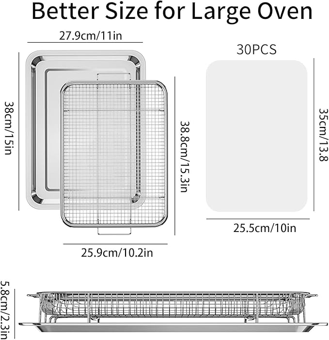 Air Fryer Basket for Oven, OPENICE 15.3" x 11.0" Large Air Fryer Tray and Pan with 30PCS Parchment Papers, Stainless Steel Oven Air Fryer Basket and Tray for Baking Grilling