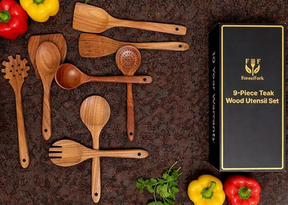Wooden Kitchen Utensil Set, 9-Piece Teak Wood Cooking Spoons-Heat-Resistant, Non-Scratch, Durable Kitchen Tools, Perfect Cooking Gift