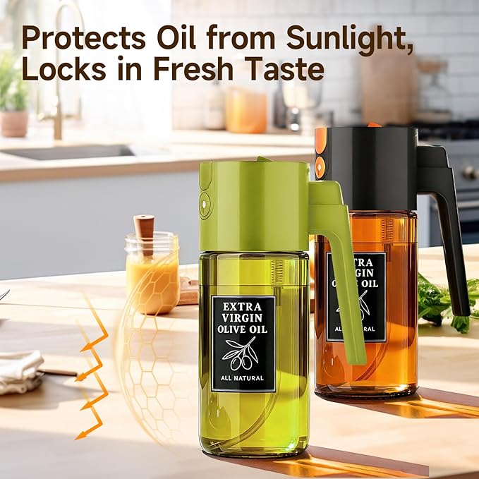 2-Pack Black and Green Oil Sprayer Set, Two 500ml Dark-Tinted Glass Spray and Pour Bottles for Multi-Oil Organization, Meal Prep, BBQ, Salad