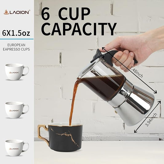 LAOION Stovetop Espresso Maker, 6Cup 240ml Classic Moka Pot, Crystal Glass-top & Stainless Steel Coffee Maker Mocha Pot, Greca De Cafe, Cuban and Italian Coffee Maker for Cafetera Cubana