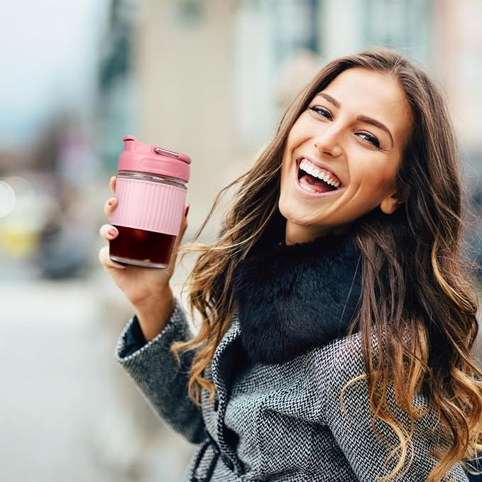 Sivaphe Reusable Glass Coffee Cup 12 oz, Portable Travel Mug with Spill-Proof Lid and Protect Sleeve for Home Office Pink