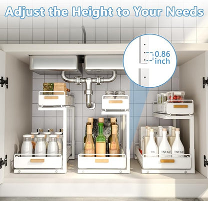 Under Sink Organizer Kitchen - Upgraded Professional Rails, 2 Tier Dual Pull Out Cabinet Storage, Height Adjustable Under Sink Storage, Metal Sliding Drawer for Kitchen & Bathroom, White, 2 Pack