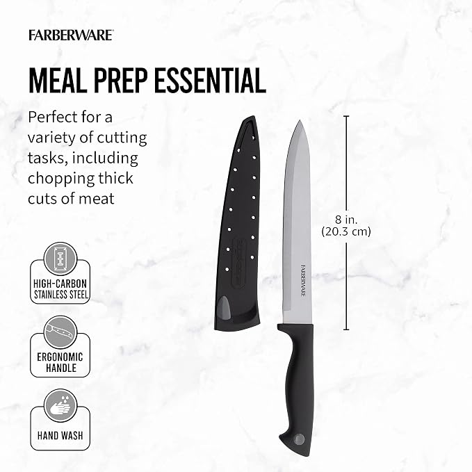 Farberware Edgekeeper 8-Inch Slicing Knife with Self-Sharpening Blade Cover, High Carbon-Stainless Steel Kitchen Knife with Ergonomic Handle, Razor-Sharp Knife, Black