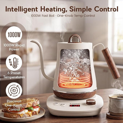Electric Kettle, 1000W Quick Heating Gooseneck Kettles, 1.0L/33.82oz, 0.8mm Ultra-Fine Spout, Precise Water Flow Control, 304 Stainless Steel Inner, Auto Shut-Off, Boil Dry Protection, Matte Beige