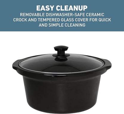 West Bend Slow Cooker 4-Quart Manual Crockery Style with Dishwasher Safe Oval Ceramic Crockpot and Glass Lid Two Temperature Settings Plus Keep Warm, 210-Watts, Black