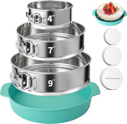 4, 7, 9 Inches Springform Pan Set of 3 - 304 Stainless Steel Nonstick Springform Cake Pan Set with Removable Bottom, 10 Inch Leakproof Silicone Cheesecake Pan Protector with 60 Pcs Parchment Paper
