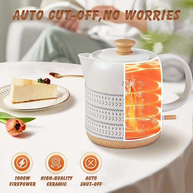 Ceramic Electric Kettle 1 Quarts, Hot Water Boiler Electric Kettles, Tea Pot with LED Light, Boil Dry Protection, Short Spout 1000W Fast Boil, Automatic Shut-off