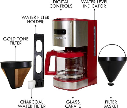 Kenmore Drip Coffee Maker - 12 Cup Programmable Cafe Machine With Glass Pot, Regular & Bold Brew, Auto Shut Off Large Water Reservoir, Reusable Filter, Kitchen Appliances For Cafeteria Barista, Red