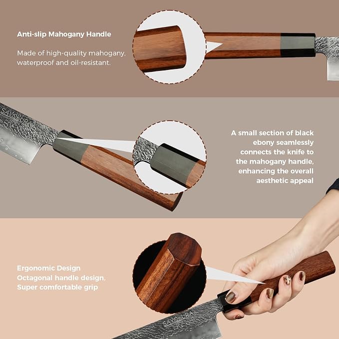 8" Professional Japanese Chef Knife, Authentic VG-10 Steel, 62 HRC, Ultra Sharp Corrosion Resistant Full Tang Blade, Octagonal Mahogany Handle, Handcrafted Knife with Premium Wooden Gift Box