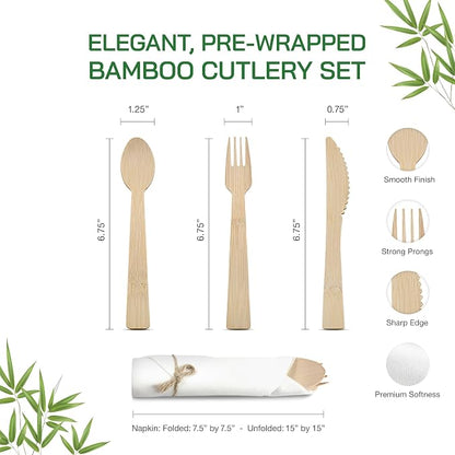 Prerolled Disposable Bamboo Cutlery Set – 50 Pack Pre Wrapped Silverware and Napkin Bundle with Forks, Knives, Spoons for Parties, Weddings, Events, and BBQ (Natural - Beige String)