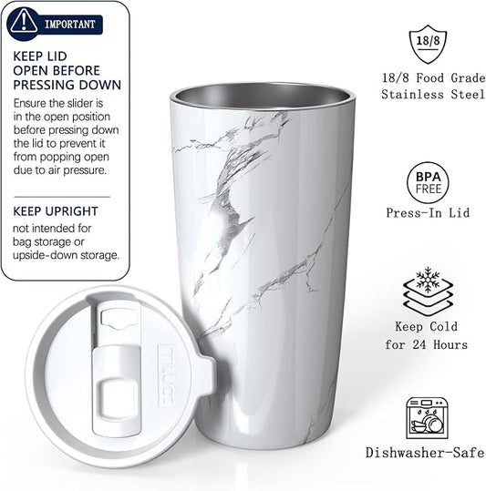 TILUCK 20 oz Insulated Tumbler with BPA-Free Lid, Stainless Steel Vacuum Travel Coffee Mug, Double Wall Coffee Tumbler（20oz，Marble）