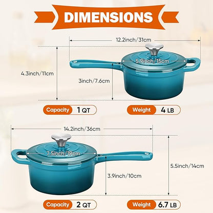 Homikit 1 QT & 2 QT Saucepan Set, Enameled Cast Iron Saucepan with Lid for All Cooktops, Small Pot Mini Dutch Oven for Kitchen Cooking, Boiling, Nonstick & Heavy Duty, Teal Ombre