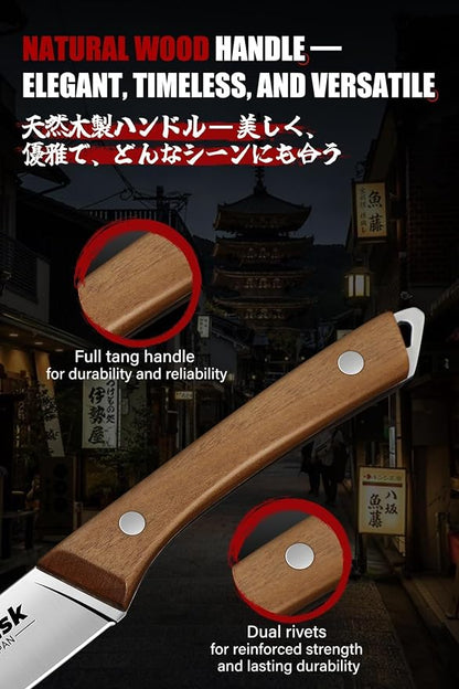 Huusk Steak Knives Set of 6 with Drawer Organizer-4.5 in Japanese Serrated Steak Knife Set with Block, Serrated & Straight Dual-Edge, Stainless Steel Steaks Knives with Holder, Fathers Day Gift Idea