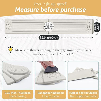 Quick Dry Stone Sink Splash Guard, 23.6" Extended Diatomaceous Earth Sink Absorbent Faucet Mat, Instant Drying Stone Tray for Kitchen & Bathroom Countertops, Aesthetic Home Decor Gift Women, Ash Grey