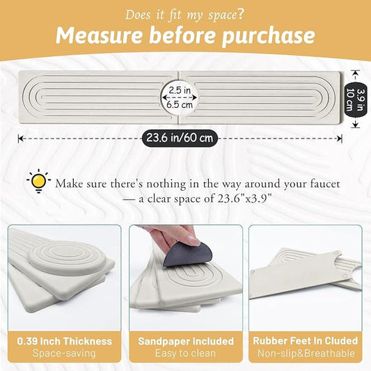Quick Dry Stone Sink Splash Guard, 23.6" Extended Diatomaceous Earth Sink Absorbent Faucet Mat, Instant Drying Stone Tray for Kitchen & Bathroom Countertops, Aesthetic Home Decor Gift Women, Ash Grey
