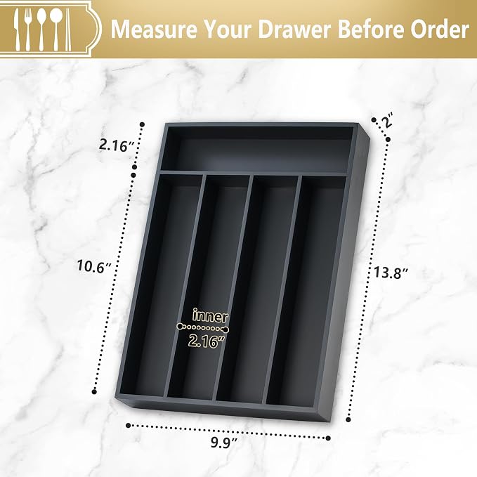 Silverware Organizer, 2 Pack 10 Inch Utensil Organizer Kitchen Drawer Organizer Bamboo Silverware Holder Cutlery Tray Organizer in Drawer Flatware Organizer Tray(5 slots, Black）