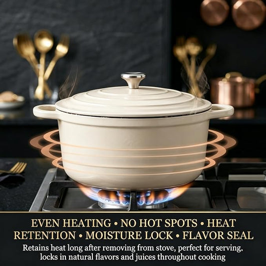 Nonstick Enameled Cast Iron Cookware Set - 8 Piece Pots and Pans with Lid, Frying Pan, Skillet, Dutch Oven Set for All Stovetops, Ideal for Sourdough Bread Baking, Cream White