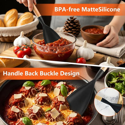 Silicone Spatula Spoon Wood Handle BPA-Free Nonstick Safe - Cooking Spoons, Cooking Spoon, Silicone Cooking Spoons, Spoon Spatula Mixing Scooping Scraping (Black & Grey) 12.6 Inch