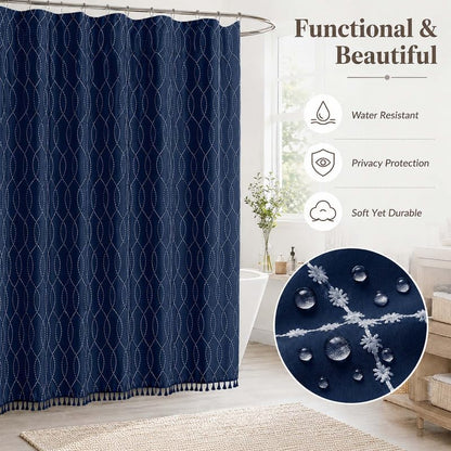 OVZME Extra Long Navy Blue Shower Curtain 96 Inch Long, Puff Printed Textured Shower Curtain with Tassels, Tall Farmhouse Geometry Bathroom Curtain, Water Resistant Fabric, 72Wx96L Inches