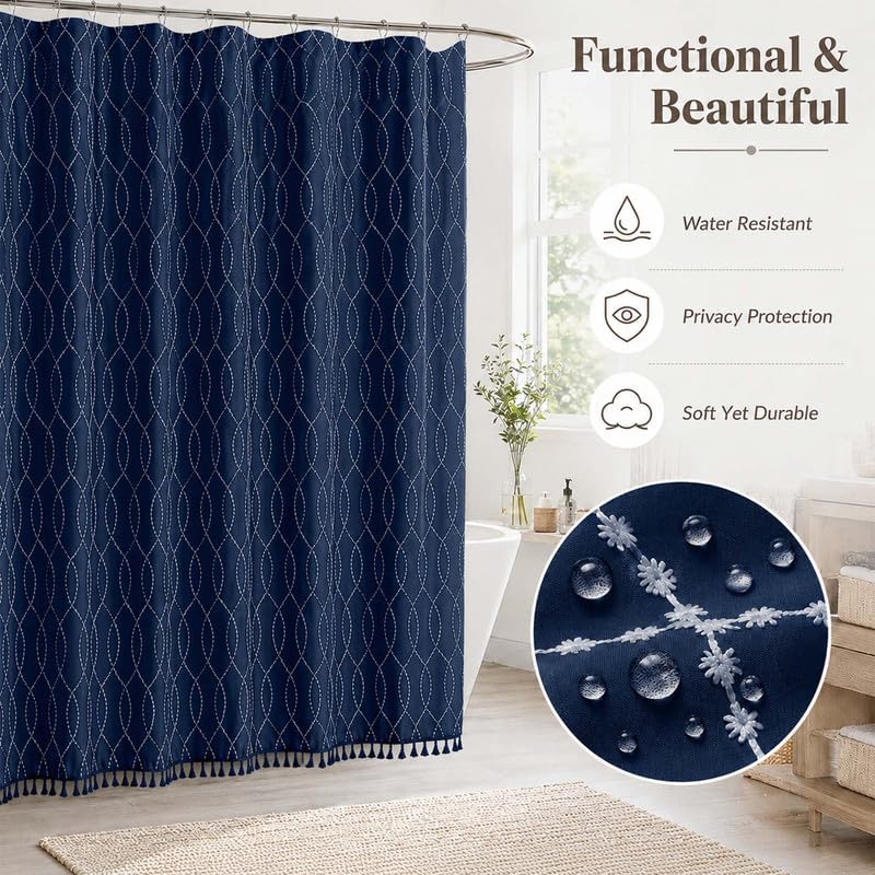 OVZME Extra Long Navy Blue Shower Curtain 84 Inch Long, Puff Printed Textured Shower Curtain with Tassels, Tall Farmhouse Geometry Bathroom Curtain, Water Resistant Fabric, 72Wx84L Inches
