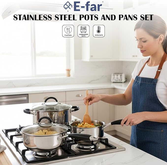 E-far Stainless Steel Cookware Set - Induction Tri-Ply Base Pots and Pans, 10-Piece Non-Toxic Kitchen Cooking Set w/Stay-Cool Handle, Frying Pans, Saucepans, Stockpot with lid, Oven & Dishwasher Safe