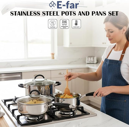 E-far Stainless Steel Cookware Set - Induction Tri-Ply Base Pots and Pans, 10-Piece Non-Toxic Kitchen Cooking Set w/Stay-Cool Handle, Frying Pans, Saucepans, Stockpot with lid, Oven & Dishwasher Safe