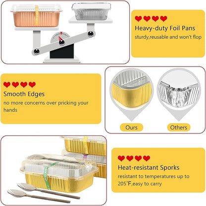 LNYZQUS 50 Pack 7” x 5” Small Aluminum Pans with Lids, 30oz Heavy Duty Foil Baking Tins Large To Go Containers,Individual Leftover Containers Baked Food Holders Boxes for Oven-Champagne